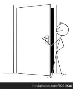 Vector cartoon stick figure drawing conceptual illustration of man or businessman looking through slightly open door to see, what is behind.. Vector Cartoon Illustration of Man or Businessman Looking through Slightly Open Door
