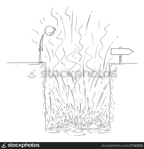 Vector cartoon stick figure drawing conceptual illustration of man or businessman looking at hole with hot lava and fire, as obstacle in his way to success or career.. Vector Cartoon Illustration of Man or Businessman Looking at Hot Lava and Fire as Obstacle on His Way to Success or Career