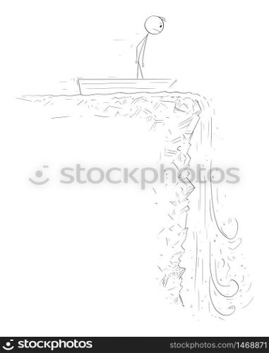 Vector cartoon stick figure drawing conceptual illustration of man or businessman on rowboat or rowing boat approaching to waterfall. Concept of financial crisis and depression.. Vector Cartoon Illustration of Man or Businessman on Rowing Boat or Rowboat Approaching to Waterfall. Concept of Financial Crisis and Depression