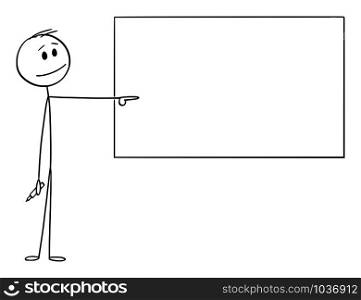 Vector cartoon stick figure drawing conceptual illustration of man or businessman or teacher with marker in hand pointing at empty whiteboard.. Vector Cartoon Illustration of Man or Businessman or Teacher with Marker in Hand Pointing at Empty Whiteboard