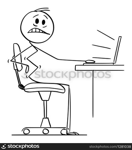 Vector cartoon stick figure drawing conceptual illustration of man or businessman or office worker suffering pain in back while working on computer.. Vector Cartoon Illustration of Man or Businessman or Office Worker Suffering Pain in Back While Working on Computer