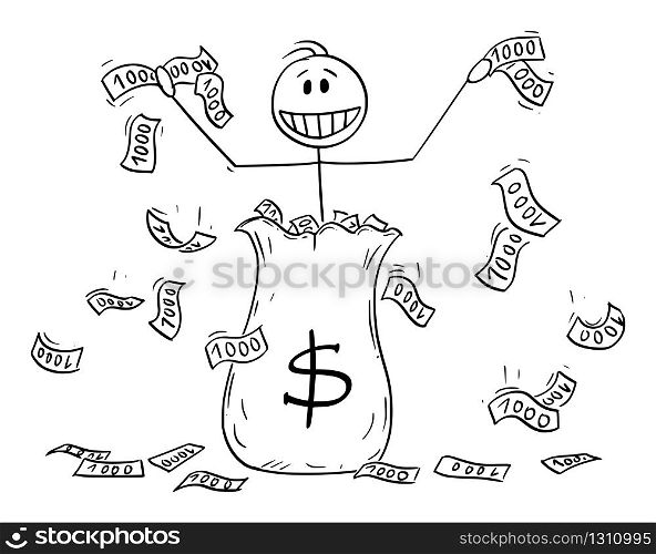 Vector cartoon stick figure drawing conceptual illustration of man or businessman or banker throwing around dollar currency banknotes or cash from the big money bag. Quantitative easing or helicopter money concept.. Vector Cartoon Illustration of Man or Businessman Throwing Dollar Cash Banknotes Around From the Big Money Bag