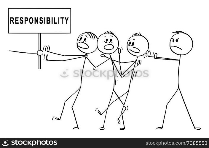 Vector cartoon stick figure drawing conceptual illustration of man or businessman or manager accusing rest of the team from failure responsibility.. Vector Cartoon of Man or Businessman Accusing Rest of the Team from Failure Responsibility