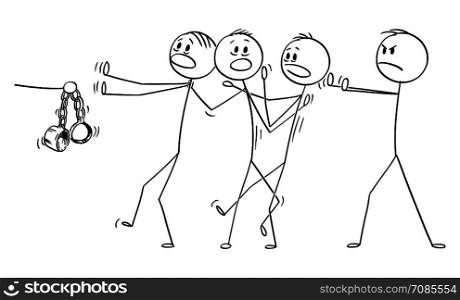 Vector cartoon stick figure drawing conceptual illustration of man or businessman or manager accusing rest of the team from failure responsibility.. Vector Cartoon of Man or Businessman Accusing Rest of the Team from Failure Responsibility