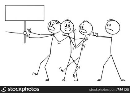 Vector cartoon stick figure drawing conceptual illustration of man or businessman or manager forcing rest of the team to do something or go somewhere. Hand with empty sign.. Vector Cartoon of Man or Businessman Forcing the Rest of the Team to Do Something or Go Somewhere