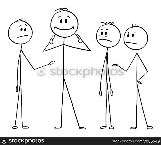 Vector cartoon stick figure drawing conceptual illustration of man or businessman pointing on yourself as the best part of the team. Business concept of arrogance, individuality and egoism.. Vector Cartoon of Man or Businessman Pointing Out Yourself as the Best part of the Team