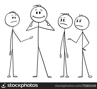 Vector cartoon stick figure drawing conceptual illustration of man or businessman pointing on yourself as the best part of the team. Business concept of arrogance, individuality and egoism.. Vector Cartoon of Man or Businessman Pointing Out Yourself as the Best part of the Team