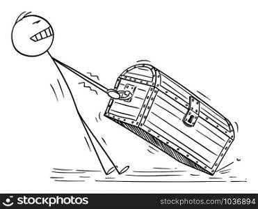 Vector cartoon stick figure drawing conceptual illustration of man or businessman pulling big and heavy wooden treasure chest. Concept of success.. Vector Cartoon Illustration of Man or Businessman Pulling Big and Heavy Treasure Chest