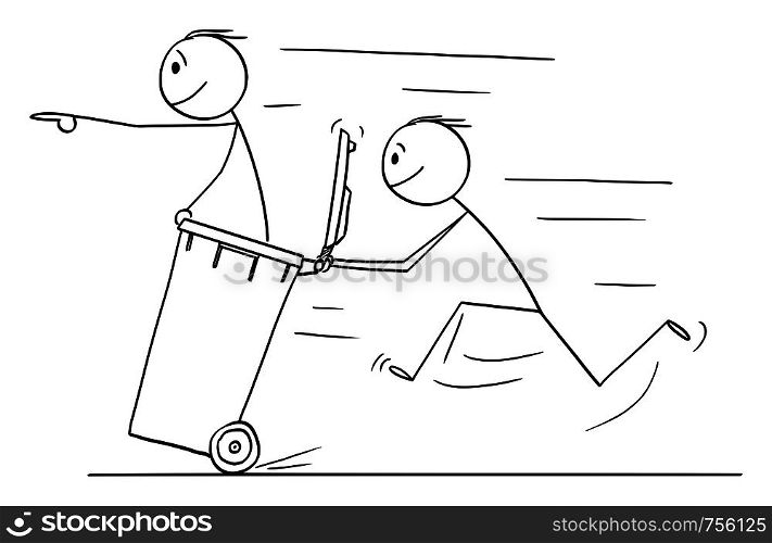 Vector cartoon stick figure drawing conceptual illustration of man or businessman pushing another man in wheelie bin.. Vector Cartoon of Man or Businessman Pushing Another Man in Wheelie Bin