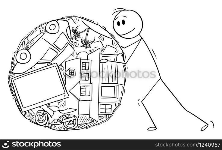 Vector cartoon stick figure drawing conceptual illustration of man or businessman rolling ball of his wealth or property like dung beetle.. Vector Cartoon Illustration of Man or Businessman Rolling Ball of His Property or Wealth Like Dung Beetle.
