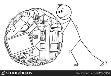 Vector cartoon stick figure drawing conceptual illustration of man or businessman rolling ball of his wealth or property like dung beetle.. Vector Cartoon Illustration of Man or Businessman Rolling Ball of His Property or Wealth Like Dung Beetle.