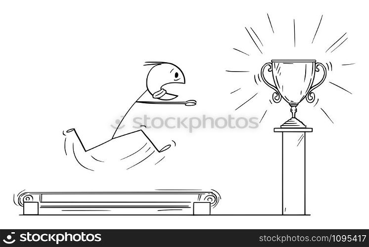 Vector cartoon stick figure drawing conceptual illustration of man or businessman running on the treadmill trying to achieve success trophy. Concept of hopeless effort.. Vector Cartoon Illustration of Man or Businessman Running on the Treadmill for the Trophy. Concept of Hopeless Effort
