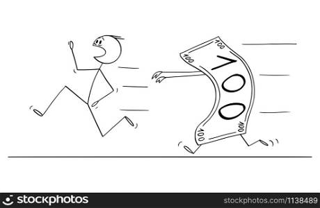 Vector cartoon stick figure drawing conceptual illustration of man or businessman Running Away Chased by money bill or banknote. Concept of consumerism, greed or financial problem or debt.. Vector Cartoon Illustration of Man or Businessman Running Chased by Money Bill or Banknote. Concept of Greed or Consumerism or Financial Problem.