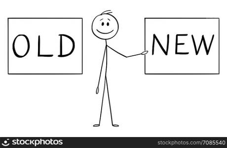 Vector cartoon stick figure drawing conceptual illustration of man or businessman showing or presenting old and new texts.. Vector Cartoon of Man or Businessman Showing or Presenting With Old and New Texts