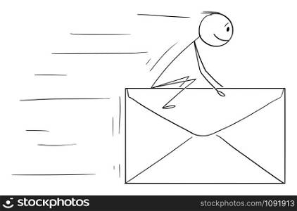 Vector cartoon stick figure drawing conceptual illustration of man or businessman sitting and riding od big fast flying letter, mail or envelope. Communication concept.. Vector Cartoon Illustration of Man or Businessman Sitting and Riding on Big Fast Flying Envelope or Letter