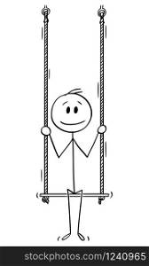 Vector cartoon stick figure drawing conceptual illustration of man or businessman sitting on swing.. Vector Cartoon Illustration of Man or Businessman Sitting on Swing