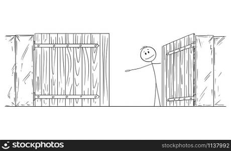 Vector cartoon stick figure drawing conceptual illustration of man or businessman standing behind open gate inviting to go inside or enter.. Vector Cartoon Illustration of Man or Businessman Behind Open Gate Inviting to Go through Inside or Enter