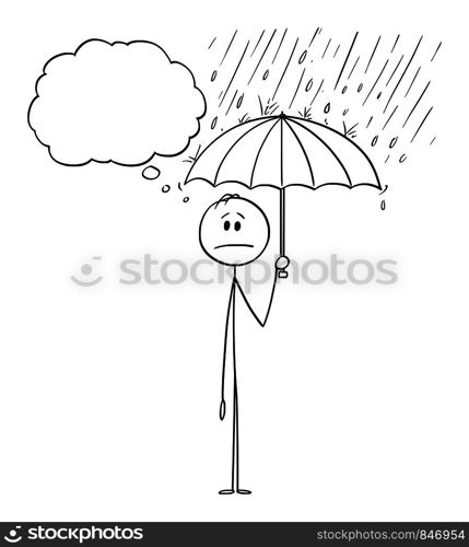 Vector cartoon stick figure drawing conceptual illustration of man or businessman standing in rain or Storm and holding umbrella. He is in safe and hidden from the crisis.. Vector Cartoon of Man or Businessman Standing in Rain or Storm and Holding Umbrella