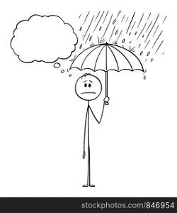 Vector cartoon stick figure drawing conceptual illustration of man or businessman standing in rain or Storm and holding umbrella. He is in safe and hidden from the crisis.. Vector Cartoon of Man or Businessman Standing in Rain or Storm and Holding Umbrella