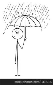 Vector cartoon stick figure drawing conceptual illustration of man or businessman standing in rain or Storm and holding umbrella. He is in safe and hidden from the crisis.. Vector Cartoon of Man or Businessman Standing in Rain or Storm and Holding Umbrella
