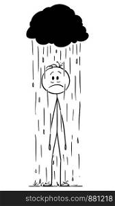 Vector cartoon stick figure drawing conceptual illustration of man or businessman standing frustrated in rain under small storm cloud.. Vector Cartoon of Man or Businessman Standing in Rain Falling From His Small Storm Cloud.