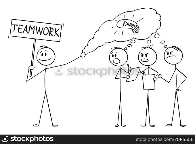 Vector cartoon stick figure drawing conceptual illustration of man or businessman stealing idea or innovation, and claiming merit or contribution instead of a hardworking team .. Vector Cartoon of Man or Businessman Stealing an Idea or Innovation and Claiming Merit Instead of a Team