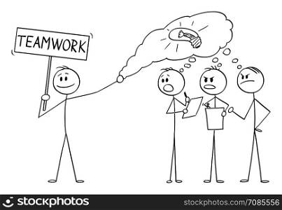 Vector cartoon stick figure drawing conceptual illustration of man or businessman stealing idea or innovation, and claiming merit or contribution instead of a hardworking team .. Vector Cartoon of Man or Businessman Stealing an Idea or Innovation and Claiming Merit Instead of a Team