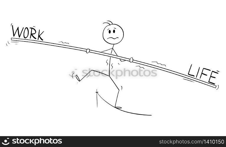 Vector cartoon stick figure drawing conceptual illustration of man or businessman tightrope walker walking on rope with bar. Balancing work and life.. Vector Cartoon Illustration of Tightrope Walker, Man or Businessman Walking on Rope. Balancing Work and Life.