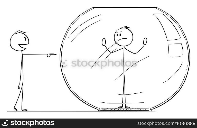 Vector cartoon stick figure drawing conceptual illustration of man or businessman trapped inside aquarium or fish tank. Competitor is laughing him from outside.. Vector Cartoon Illustration of Man or Businessman Trapped Inside Fish tank or Aquarium, Competitor is Laughing Him From Outside