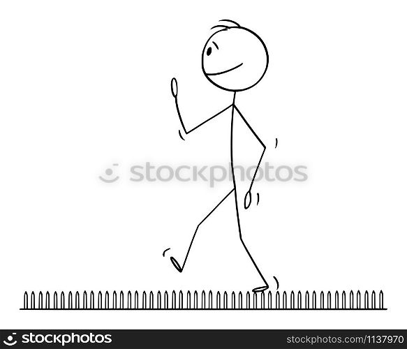 Vector cartoon stick figure drawing conceptual illustration of man or businessman walking on nails or fakir bed. Business concept of achievement, challenge, problem and success.. Vector Cartoon Illustration of Man or Businessman Walking on Nails or Fakir Bed. Concept of Challenge, Achievement and Success.