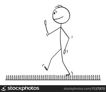 Vector cartoon stick figure drawing conceptual illustration of man or businessman walking on nails or fakir bed. Business concept of achievement, challenge, problem and success.. Vector Cartoon Illustration of Man or Businessman Walking on Nails or Fakir Bed. Concept of Challenge, Achievement and Success.