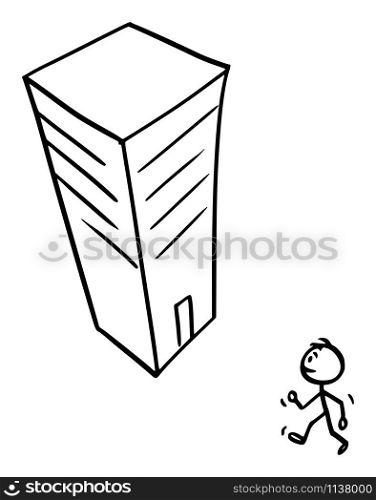 Vector cartoon stick figure drawing conceptual illustration of man or businessman walking in to high modern skyscraper office or commercial or business building, job or work.. Vector Cartoon Illustration of Man or Businessman Walking in Modern High Skyscraper Office or Commercial Building, Job or Work.
