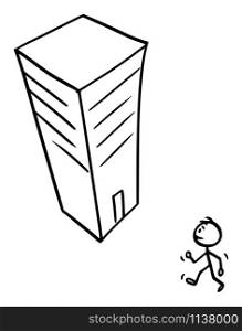 Vector cartoon stick figure drawing conceptual illustration of man or businessman walking in to high modern skyscraper office or commercial or business building, job or work.. Vector Cartoon Illustration of Man or Businessman Walking in Modern High Skyscraper Office or Commercial Building, Job or Work.