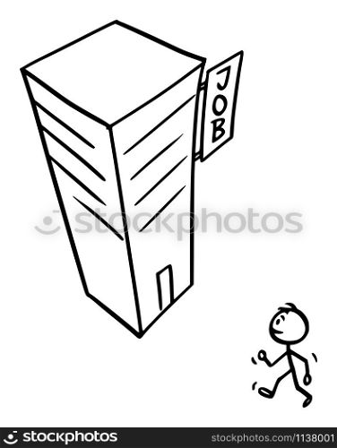 Vector cartoon stick figure drawing conceptual illustration of man or businessman walking in to high modern skyscraper office or commercial or business building, going to job or work.. Vector Cartoon Illustration of Man or Businessman or Employee Walking in Modern High Skyscraper Office or Commercial Building, Going to Job or Work.