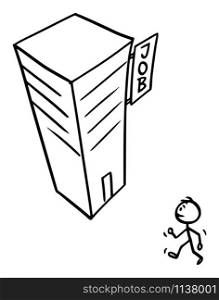 Vector cartoon stick figure drawing conceptual illustration of man or businessman walking in to high modern skyscraper office or commercial or business building, going to job or work.. Vector Cartoon Illustration of Man or Businessman or Employee Walking in Modern High Skyscraper Office or Commercial Building, Going to Job or Work.