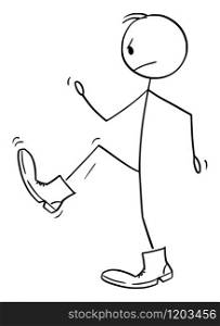 Vector cartoon stick figure drawing conceptual illustration of man or businessman walking uncomfortably in big boots or shoes. Business concept of complication.. Vector Cartoon Illustration of Man or Businessman Walking in Big Boots or Shoes.