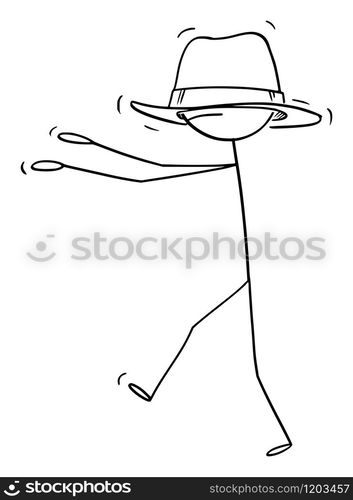 Vector cartoon stick figure drawing conceptual illustration of man or businessman walking blind because of hat too big for him covering him eyes.. Vector Cartoon Illustration of Man or Businessman Walking Blind Because His Hat is Too Big for Him