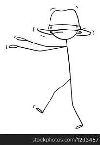 Vector cartoon stick figure drawing conceptual illustration of man or businessman walking blind because of hat too big for him covering him eyes.. Vector Cartoon Illustration of Man or Businessman Walking Blind Because His Hat is Too Big for Him