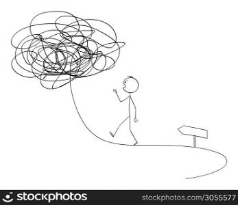 Vector cartoon stick figure drawing conceptual illustration of man or businessman walking on the path or road forward, future is not sure. Business concept of chaos and instability.. Vector Cartoon Illustration of Man or Businessman Walking on the Path Forward, Future is Not Sure. Concept of Chaos and Instability.