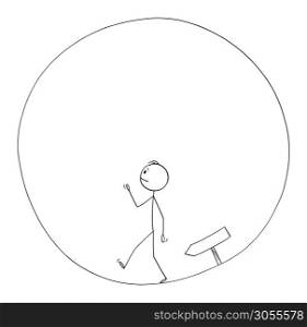 Vector cartoon stick figure drawing conceptual illustration of man or businessman walking in circle. Business concept of career, success and challenge.. Vector Cartoon Illustration of Man or Businessman Walking in Circle. Business Concept of Career and Success.