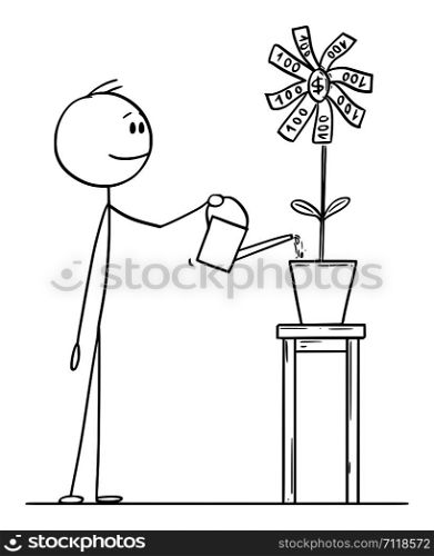 Vector cartoon stick figure drawing conceptual illustration of man or businessman watering flower in pot blooming with money or bills.. Vector Cartoon Illustration of Man or Businessman Watering Flower Blooming with Money