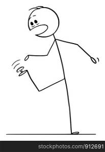 Vector cartoon stick figure drawing conceptual illustration of man or businessman who step on sharp thumbtack, pushpin or drawing pin with his shoe or bare foot.. Vector Cartoon of Man or Businessman Who Step on Thumbtack or Drawing Pin or Pushpin. Its Stick in His Foot or Shoe.