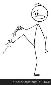 Vector cartoon stick figure drawing conceptual illustration of man or businessman with hand gun shooting yourself in the foot.. Vector Cartoon Illustration of Man or Businessman with Handgun Shooting Yourself in the Foot