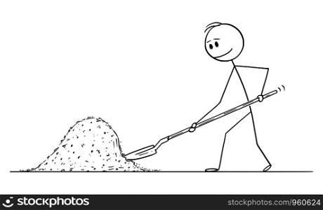 Vector cartoon stick figure drawing conceptual illustration of man or construction worker or builder with shovel shoveling big pile of dirt or sand.. Vector Cartoon Illustration of Man or Construction Worker or Builder Shoveling Pile of Sand or Dirt with Shovel