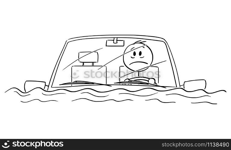 Vector cartoon stick figure drawing conceptual illustration of man or driver driving car in water flood, or sitting stunned in car after traffic accident fallen in river or lake.. Vector Cartoon Illustration of Man or Driver Driving Car in Water Flood or Sitting Stunned in Car After Accident