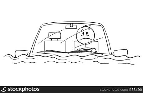 Vector cartoon stick figure drawing conceptual illustration of man or driver driving car in water flood, or sitting stunned in car after traffic accident fallen in river or lake.. Vector Cartoon Illustration of Man or Driver Driving Car in Water Flood or Sitting Stunned in Car After Accident