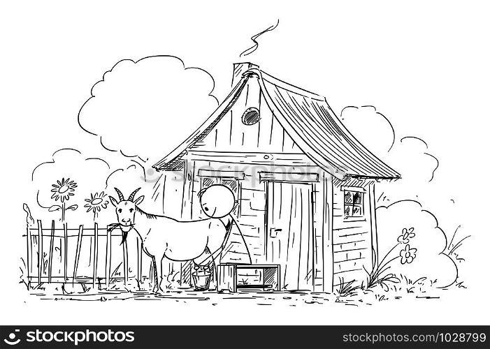 Vector cartoon stick figure drawing conceptual illustration of man or farmer milking goat on small old rural farm.. Vector Cartoon Illustration of Man or Farmer Milking Goat on Small Old Rural Farm