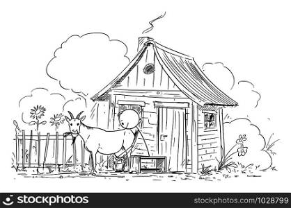 Vector cartoon stick figure drawing conceptual illustration of man or farmer milking goat on small old rural farm.. Vector Cartoon Illustration of Man or Farmer Milking Goat on Small Old Rural Farm