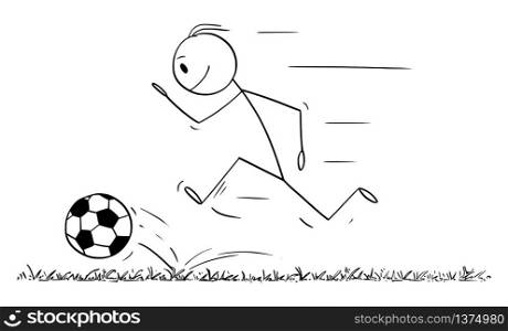 Vector cartoon stick figure drawing conceptual illustration of man or football player running with ball to score goal. Concept of sport or game.. Vector Cartoon Illustration of Man or Football or Soccer Player Running With Ball to Score Goal. Concept of Game or Sport.