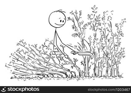Vector cartoon stick figure drawing conceptual illustration of man or gardener laying traditional hedge on countryside in England.. Vector Cartoon Illustration of Man or Gardener Laying Hedge at Countryside